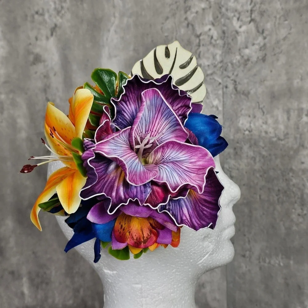 Handmade Tropical Floral Hair Clip Fascinator‎ Orchid Lily Tiki Burlesque